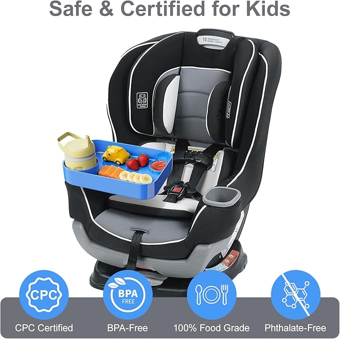 Car Seat Snack Tray for Toddlers - 3 Inch Cup Holder Fits Most Sippy Cups & Straw Bottles with Dip Well, Mess-Free Square Kids Travel Tray Road Trip Essentials, Blue