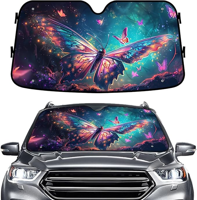 GENANY Colorful Butterfly Windshield Sun Shade for Car SUV Truck (55x30 inches),Sun Shade Windshield, Shades for Windows, Protector Blocks UV, Car Decor