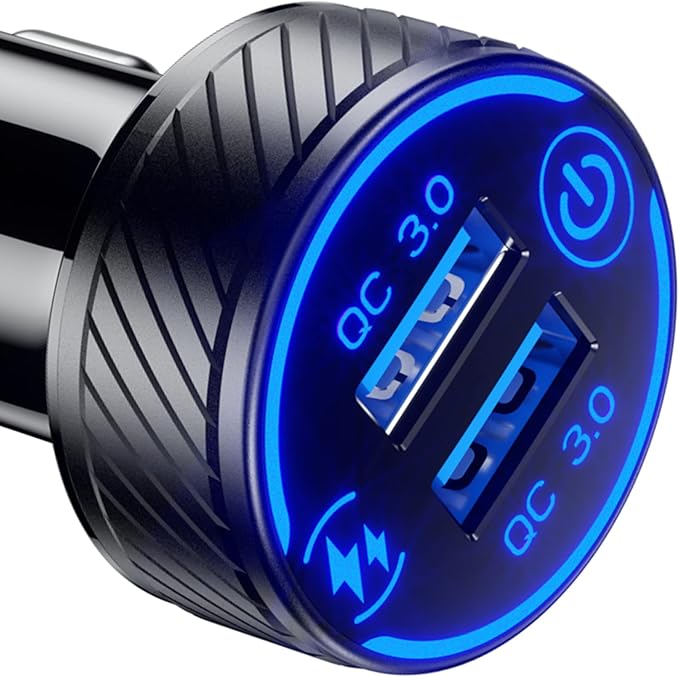 BRCOVAN Car Charger, Dual QC3.0 Port USB Car Phone Charger Adapter, 36W 3A Fast Charge with Touch Switch & Blue LED