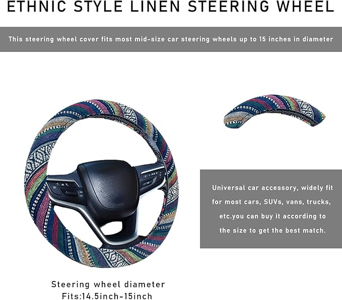 Boho Steering Wheel Cover, 15.0"×15.0" Anti-Slip Baja Blanket Ethnic Steering Wheel Protector, Breathable Flax Cloth Elastic Bohemian Steering Wheel Cover, Car Accessories (Style B)