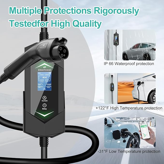 Level 2 Ev Charger for SAE J1772(Plug-Play),40A Fast Charging,220V-240V NEMA 14-50P Plug,25ft Cable ETL Certified,Delay Timer LCD Display,Portable Electric Vehicle Charging Station for Home Level 2