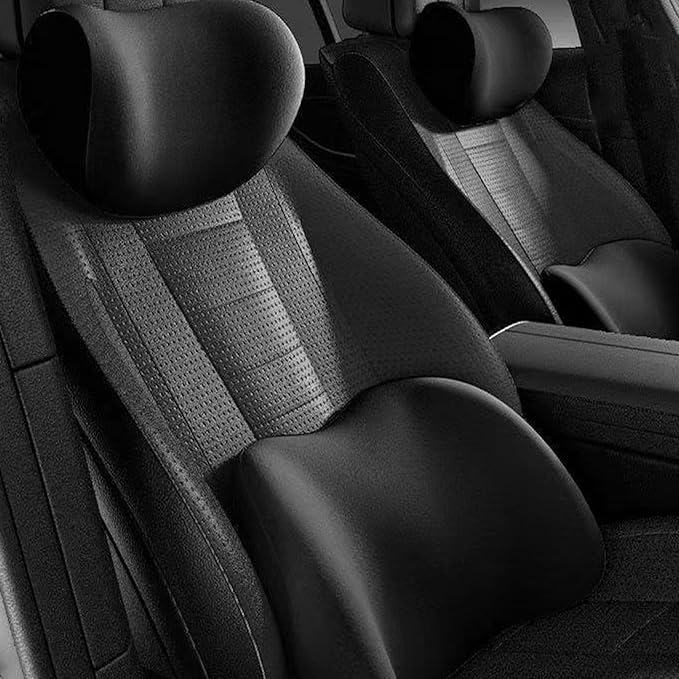 Memory Foam Breathable Ergonomic Car Headrest Pillow & Lumbar Pillow Kit with Adjustable Strap Black Car Neck for Driving, Rest, Sleep Seat Brackets