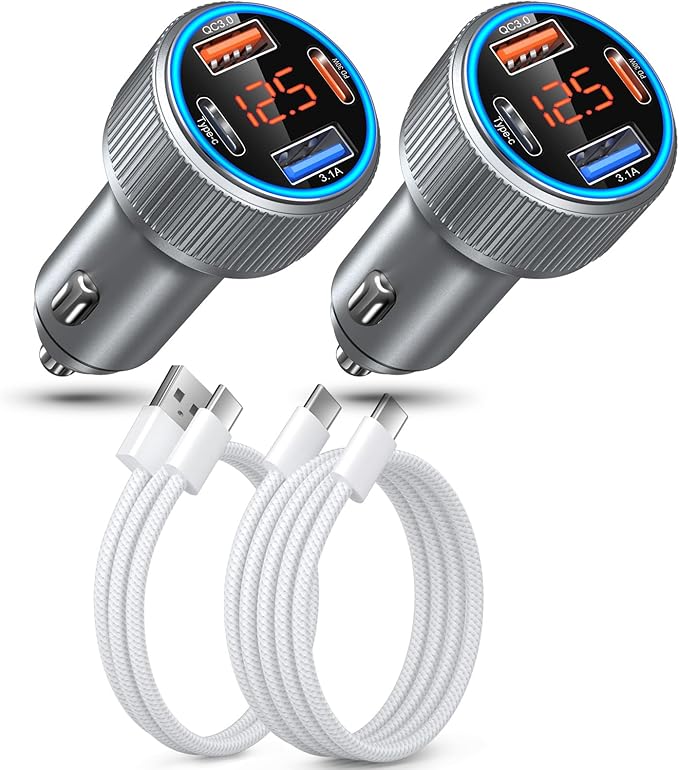 65W Dual USB C & USB A Car Charger Multi Port Cigarette Lighter Adapter with Voltmeter QC+PD 3.0 Fast Charging with 2 Pack Type C Cords