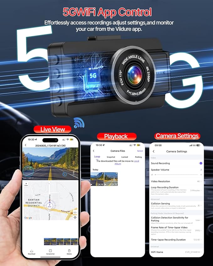 Dash Cam Front and Rear, 4K Full HD Dual Dash Camera for Cars W/ 64GB Card Included, Built-in 5G WiFi & GPS, Car Camera Dashcams for Cars with Night Vision, Parking Monitor, WDR, Emergency Lock