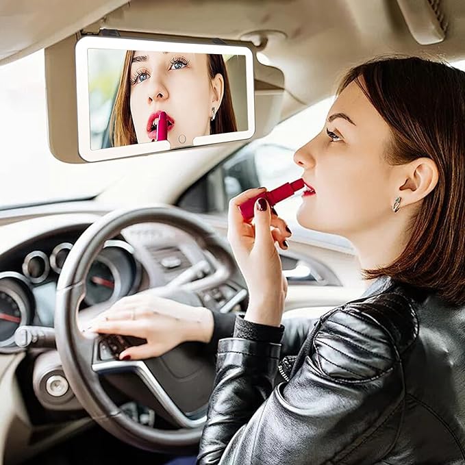 Car Sun Visor Vanity Mirror, 3 Light Modes & 60 LEDs, Rechargeable Dimmable Touch Screen Travel Makeup Mirror,Universal for Truck SUV-Car Accessories Essentials for Women（White）