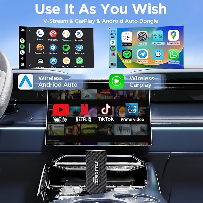 MSXTTLY Mini 3in1 Stream CarPlay Android Auto Wireless Adapter, Support Netflix/YouTube/TikTok/PrimeVideo Box, Only Compatible with Wired CarPlay Car Model 2017+, for Android 11 & iPhone iOS 10+
