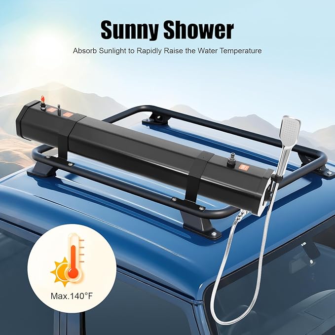 Portable Water Tank for Camping, 30L/7.93gal Self-Pressurized Water Tank, Roof Rack Mount Road Shower with Shower Head and Storage Bag, Car Camping Shower for SUVs, Sedans, RVs, Trucks