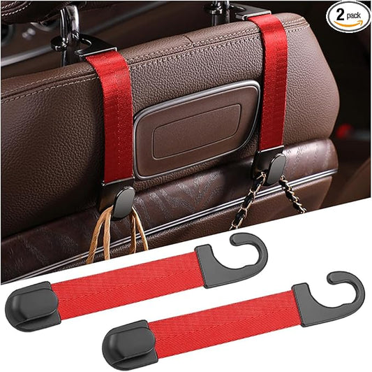 Car Headrest Hooks, 2PCS Vehicle Back Seat Storage Organizer Hanging Holder for Purse Bags Grocery, Adjustable Automotive Interior Hanger Accessories, Universal Fit (Red)