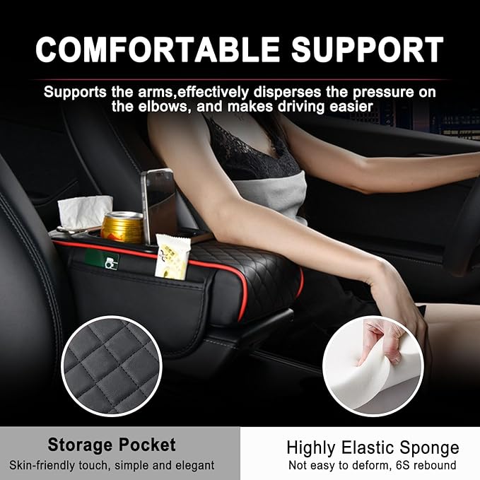 Car Armrest Storage Box for Nissan Hardbody (D21) 1986–1997, Center Console Organizer with Side Pocket, Ergonomic Memory Foam Armrest Cushion, Car Elbow Support Pad,D Red