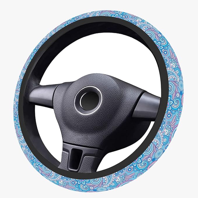 Blue Bohemian Pattern Steering Wheel Cover, Cute Print Steering Wheel Cover Protector, Ultra Thin Breathable Non-Slip, Car Accessories for Women, for Steering Wheel with a Diameter of 14.5"-15"
