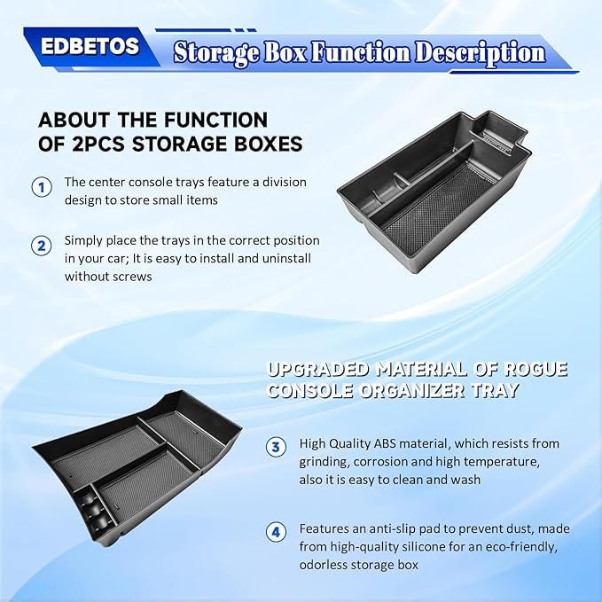 EDBETOS 2PCS/Set Center Console Organizer Compatible with Nissan Rogue 2021-2023 2024 2025 2026 Interior Accessories Lower Console Armrest Secondary Storage Box Pallet Middle Insert Tray Black ABS