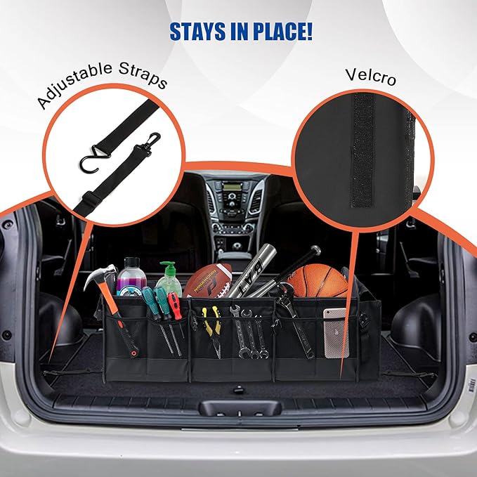Car Trunk Organizer with Lid & Removable Leakproof Cooler Bag，Foldable Cover,Large Trunk Organizers,Multi-Compartment Collapsible Cargo Storage Organizer for SUV,Van,Truck,Sedan(3 Compartments,Black)