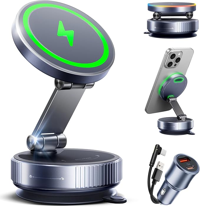 Magnetic Phone Charging Holder Mount for Magsafe Car Mount Charger, 15W Fast Charger Wireless [108+LBS Suction & 3800gf Magnetic], 360° Adjustable Vacuum Holder for iPhone 12-17 series (with Adapter)