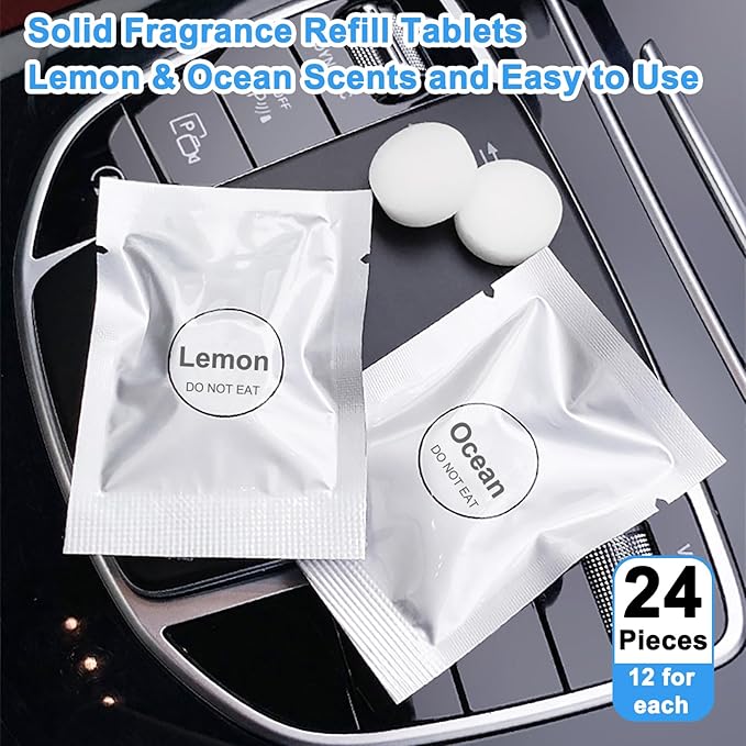 24 Pack Ocean & Lemon Car Air Freshener Refills, Car Air Vent Clip Freshener Replacement Pads, Solid Fragrance Scent Refill Tablets
