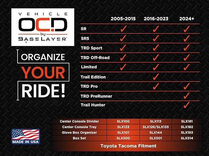 Vehicle OCD - Center Console Divider, Tray, and Glove Box Organizer for Toyota Tacoma (2005-2015) - Made in USA - SLX500