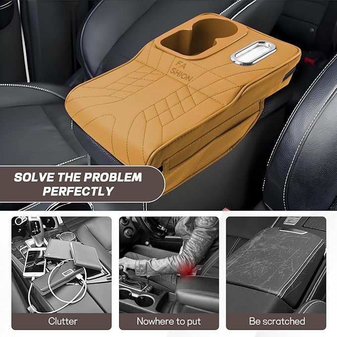 Car Center Console Armrest Pillow, 13.4"×7.5"×2" Leather Auto Arm Rest Cover with Pocket & Tissue Box & Cup Holder, Multifunctional Vehicle Armrest Cushion Pad, Car Accessories (Yellow)