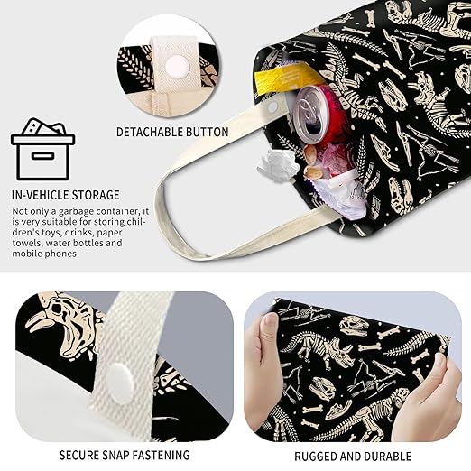 Cute Car Trash Can, Hanging Canvas Car Back Seat Organizer and Storage Bag, Funny Car Trash Bag For Travelling, Outdoor Cute Black Skeleton Dinosaur