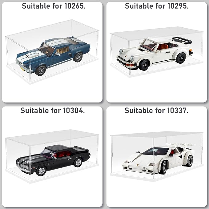 Choowin Acrylic Display Case for Lego Porsche 911 10295 for Lego Camaro 10304 10337 42176 for Lego Car Display Thickened Clear Acrylic Display Cases for Collectibles Assemble Dustproof(White Base)