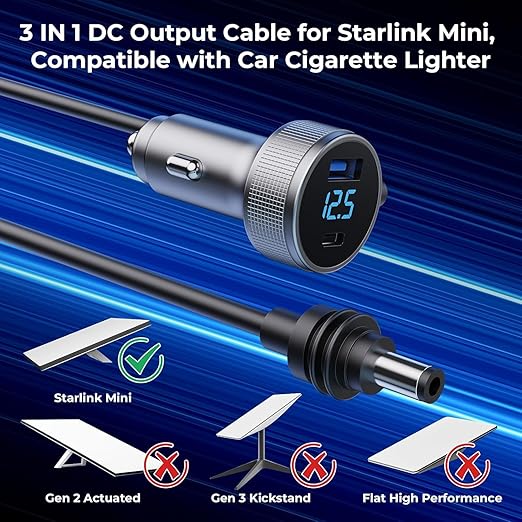 Starlink Mini Cable, 3 in 1 Starlink Mini Car Charger DC Power Cable+ Cigarette Lighter Adapter 12V-48V with Digital Display, Durable USB C PD 40W and USB A 35W Ports for Trucks and Cars (13.1FT)