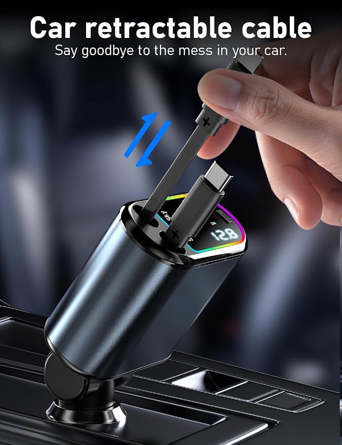 Starlight Retractable Car Charger, Max 120W 4 in 1 Car Accessories with Starlight, Retractable Fast Car Phone Charger with 2 USB Ports for Phones/Tablets/Car Recorders, 31.5inch (Grey)