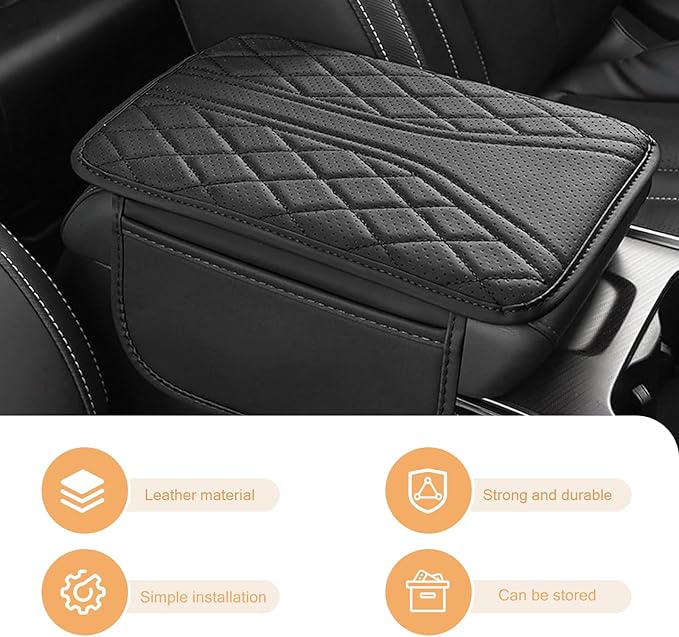 Car Center Console Pad, Leather Car Armrest Box Pad Cover, Vehicle Armrest Protector Cushion with 2 Storage Bags, Universal Arm Rest Pad for Car Interior Accessories Protect (Black)