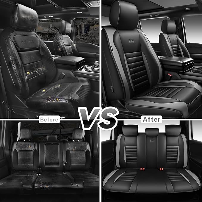 CAR PASS Nappa Leather Car Seat Covers Full Set, Luxury Seat Protector for Cars, Waterproof Anti-Slip Seat Cushion Armrest Compatible Airbag Universal for Sedan SUV Pick-up Truck Auto, Black Gray