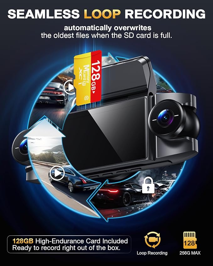 4 Channel 360° Dash Cam Front Rear and Left Right Inside, 4K+1080P*3 Dash Camera for Cars with Free 128GB SD Card, 5.8GHz WiFi-30MB/s, 24H Parking Mode, G-Sensor, GPS, Night Vision, Voice Control