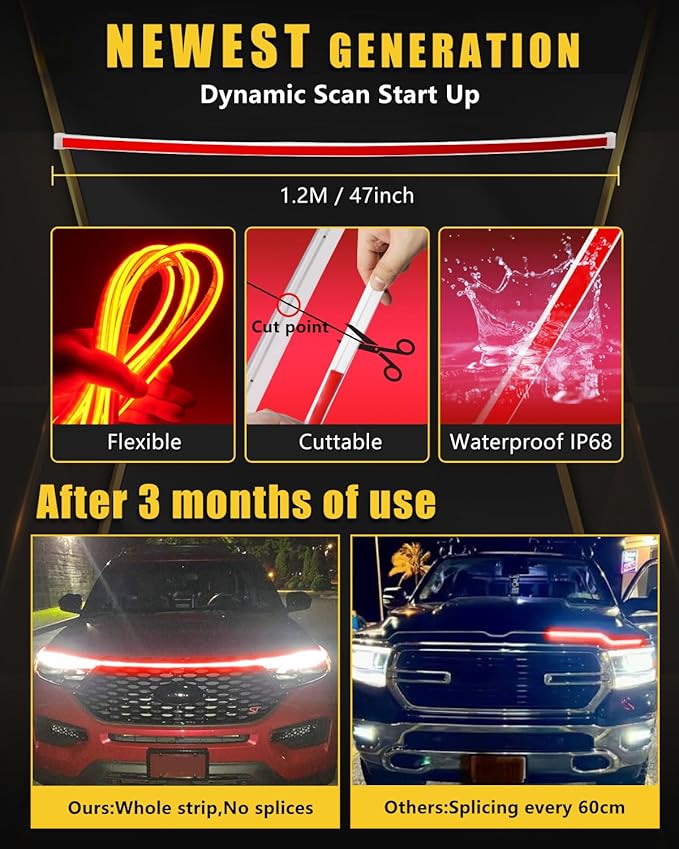 Sequential Turn Signal Led Light Strip Dynamic Scan Start Up Hood Lights Flexible DRL Daytime Running Light for Car,Truck,SUV,Dual Color Red Amber Flowing Switchback 12V 47inch /1.2M (1Set)