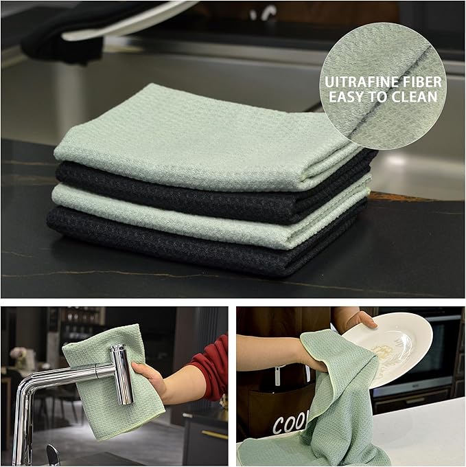 VIVOTE Microfiber Kitchen Towels - Super Absorbent, Soft, No Lint, Waffle Weave, Fast Drying Hand Towels (4 Pack Green, 16 Inch X 24 Inch)