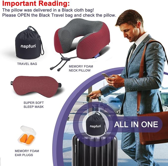 napfun Neck Pillow for Traveling, Upgraded Travel Neck Pillow for Airplane 100% Pure Memory Foam Travel Pillow for Flight Headrest Sleep, Portable Plane Accessories, Burgundy Striped Kit