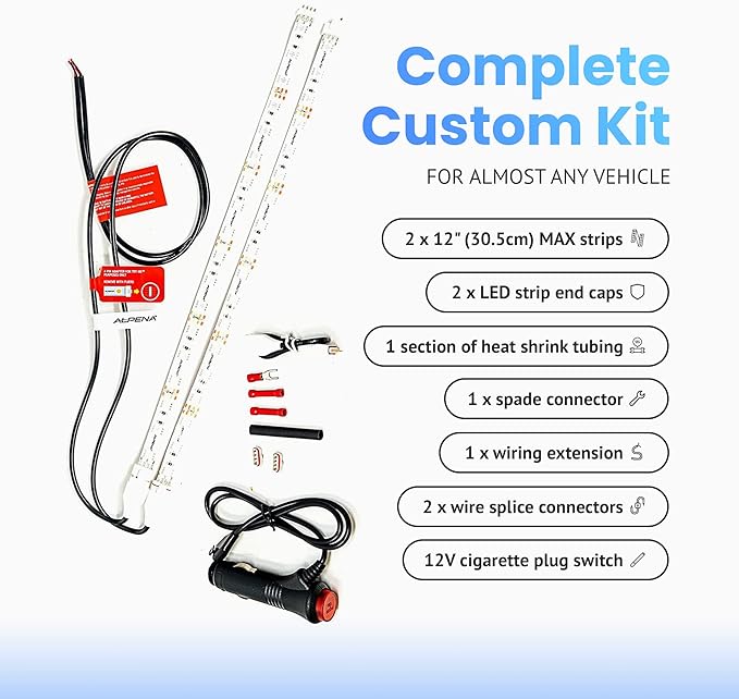 Alpena MAX LED Light Strip Starter Kit – EZ-Link Modular 12V Plug-and-Play Lighting for Cars & Trucks, Interior/Exterior Stick-On Light Bars, 2×12” Weatherproof Strips, Blue