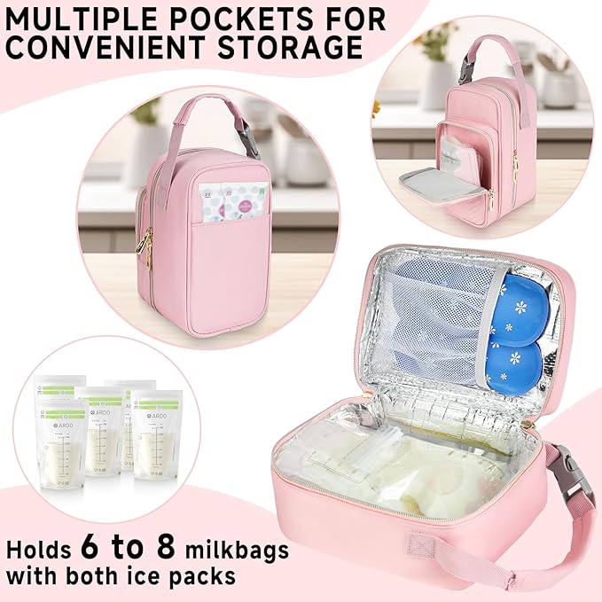 Breastmilk Cooler Travel bag with Ice Pack,Portable Breastmilk Cooler Bag with Buckle Handle,Insulated Breastmilk Storage Bag Cooler,Pink