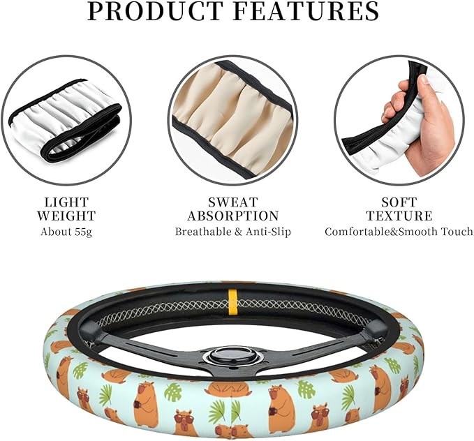 Capybaras and Leaves Steering Wheel Cover for Women Elastic Rubber Steering Wheel Universal 15 Inch Fit for Cars, Auto, SUVs