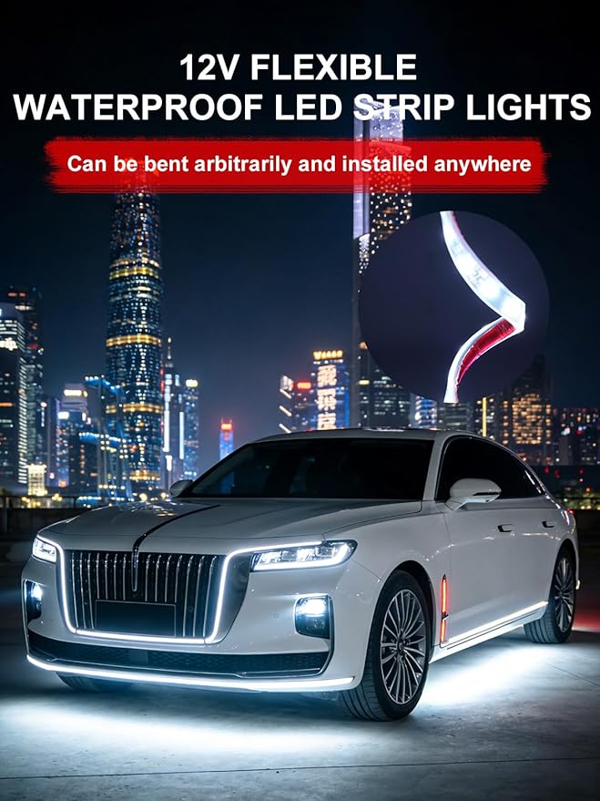 YM E-Bright 4Pcs Led Strip Lights for Car, 24inch Waterproof IP68 Car Underglow Strip Lights Decoration 36SMD 12V Led Interior Exterior Lights Strip for Cars Motorcycles Truck Golf Cart Boat - White