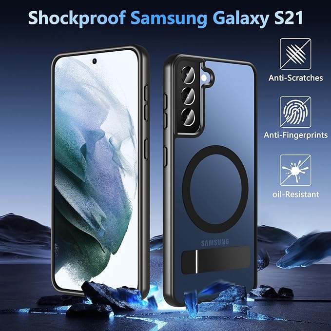 OWKEY for Samsung Galaxy S21 Case with Stand, Magnetic Shockproof Case Fit for Magsafe Translucent Matte Cover for Samsung S21, Black