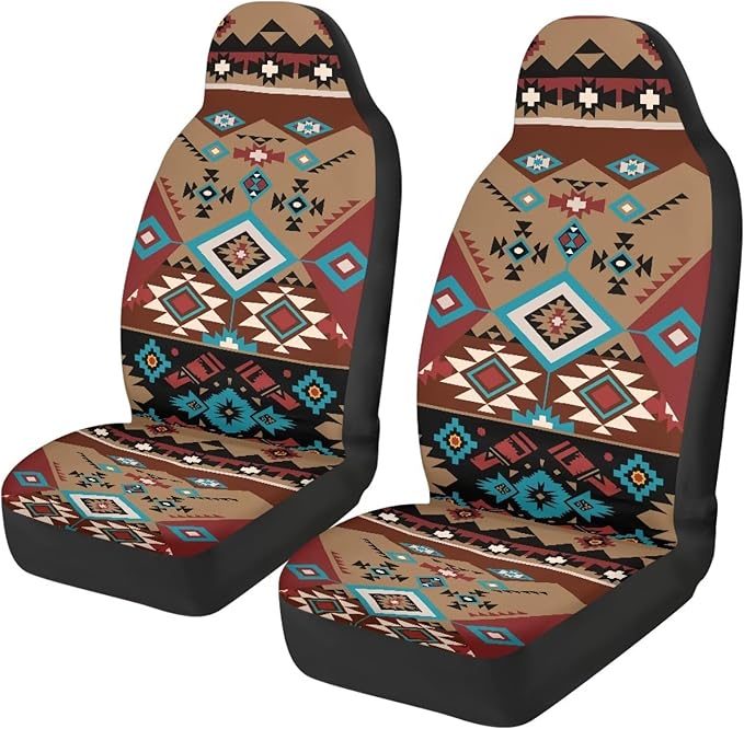 ELEQIN Car Seat Covers Two Front Only for Car, Brown Aztec Geometric Automotive Interior Covers, Quick Setup Universal Fit Seat Covers for Car, Truck, SUV