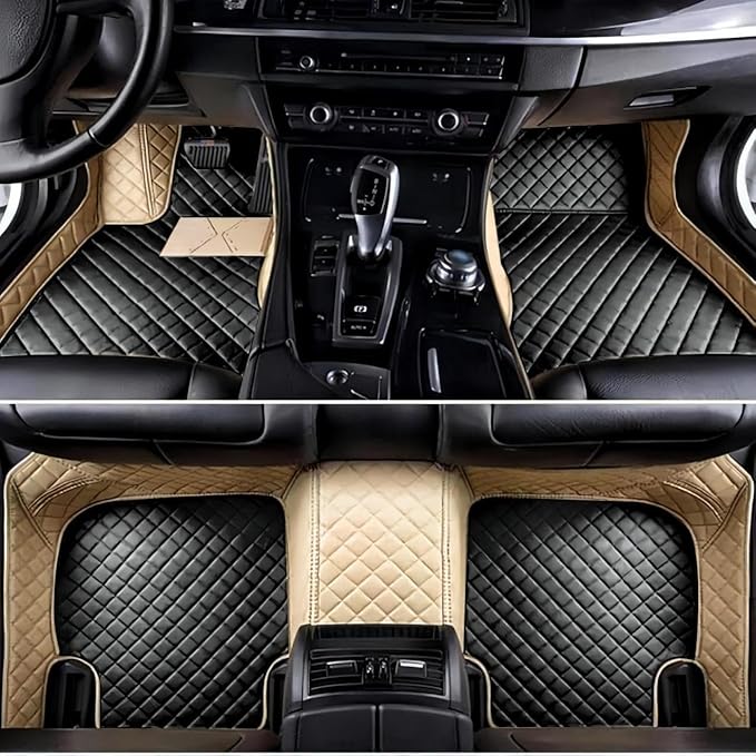 Yaruicar Custom Personalized Floor Mats for Cars Luxury Full Coverage All Car Floor Mats Anti-Slip Leather Car Mat Set Trucks & SUVs Trucks Automotive Floor Mats Liners (Beige Black)