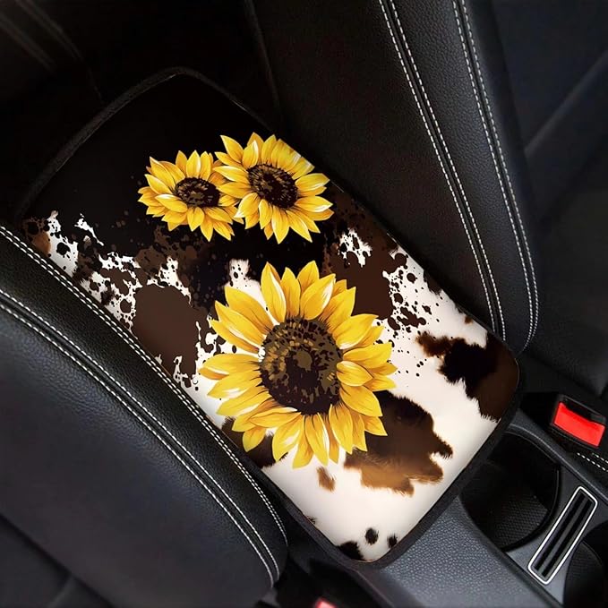 Dreaweet Sunflower Brown Cow Print Center Console Cover Cute Car Accessories for Women Car Armrest Cover Cushion Soft Comfy Car Arm Rest Cover Pad Universal for Most Vehicles