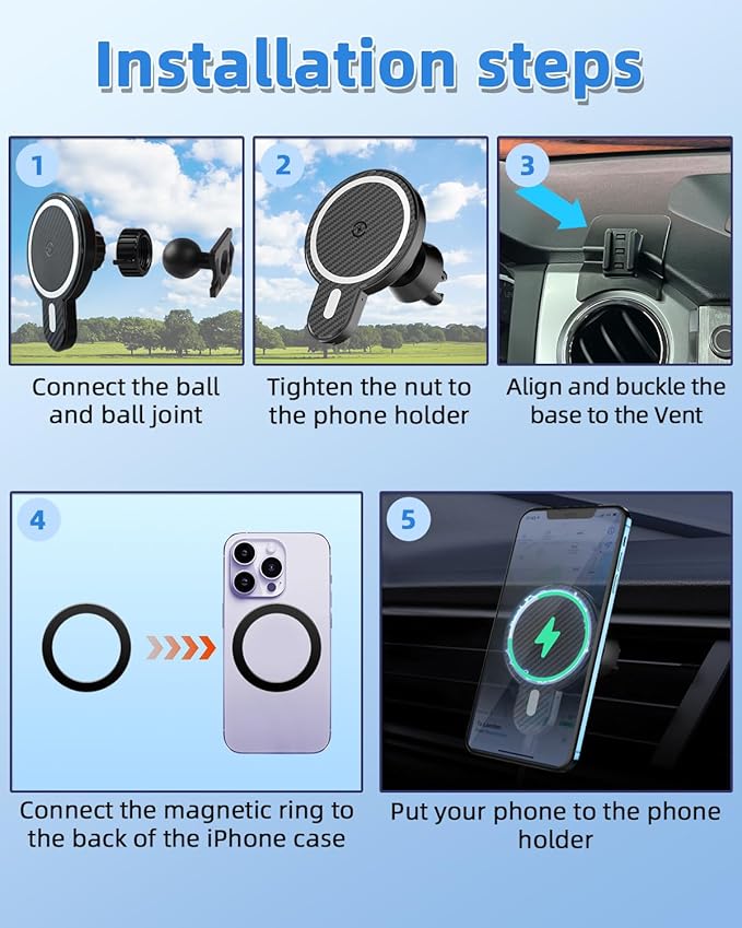 PZK Car Phone Mount for Toyota Tundra 2014 2015 2016-2020 2021 Accessories Custom Air Vent Car Phone Holder Magnetic 15W Fast Wireless Charger Hands Free 360° Rotation Cell Phone Automobile Cradles