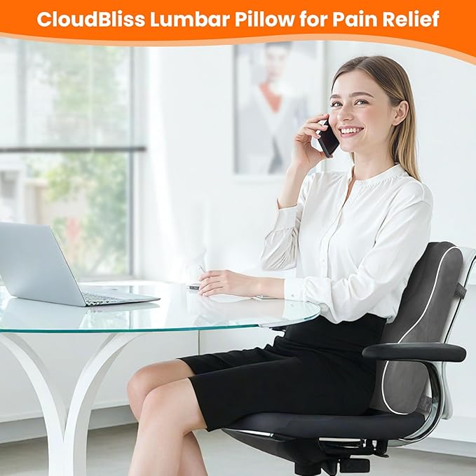 CloudBliss Ergonomic Lumbar Support Pillow – Memory Foam for Lower Back Pain Relief, Adjustable Straps & Mesh Cover for Office, Gaming, Car & Home Essentials (Grey)