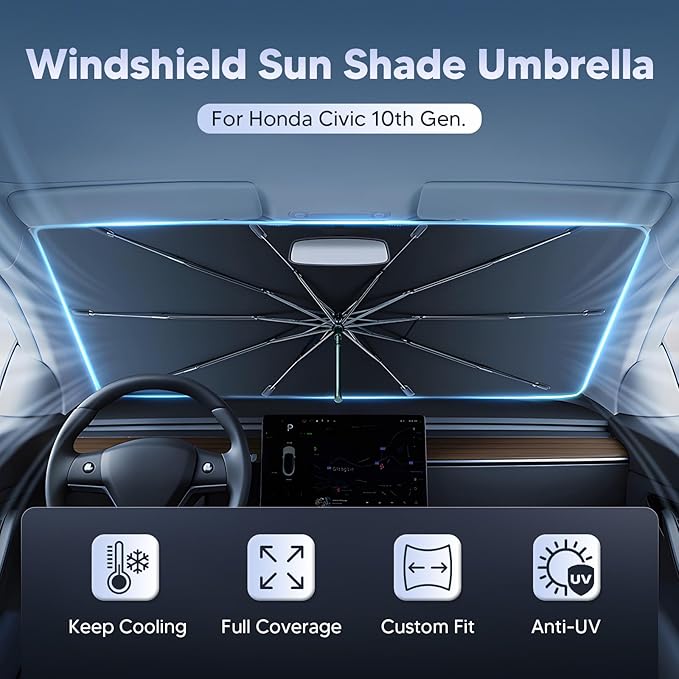 Autorder Windshield Sun Shade Umbrella for 2016-2021 Honda Civic Accessories,Upgraded Ice Crystal Material,Easy Setup Umbrella Sunshade for Car Windshield,100% Sun Blocking