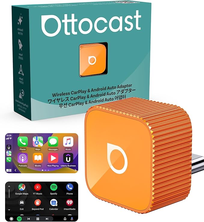 OTTOCAST Mini Cube 3.0 Wireless Carplay Adapter for Apple iPhone, 2-in-1 Car Play Android Auto Adapter, Convert Wired CarPlay to Wireless, Low Latency (Orange, USB C)
