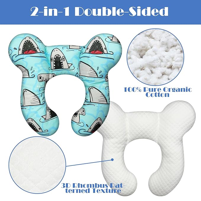 Baby Head Support Pillow for Newborn Toddler, Baby Neck Pillow Upgraded Comfortable Sleep Cushion for Car Plane Stroller Pushchair - Shark B