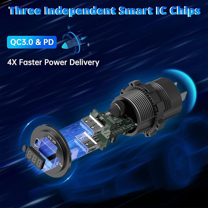 Qidoe 12V USB Outlet Dual 18W Quick Charge 3.0 Port & 30W PD 12V USB C Car Charger Socket with Voltmeter and Power Switch, Waterproof Multiple Car USB Port Adapter for Car Boat Marine Truck Golf RV