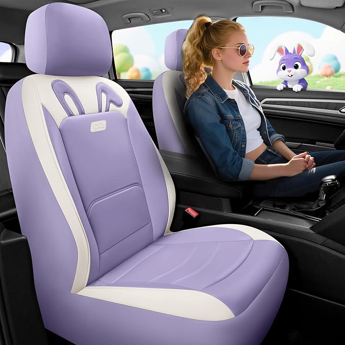 PIC AUTO Car Seat Covers, Cute Rabbit Premium Purple Leather Seat Covers, Universal Fit Front Seat Covers for Cars, Trucks, SUVs, Soft & Wear-Resistant Auto Interior Protection with Airbag-Compatible
