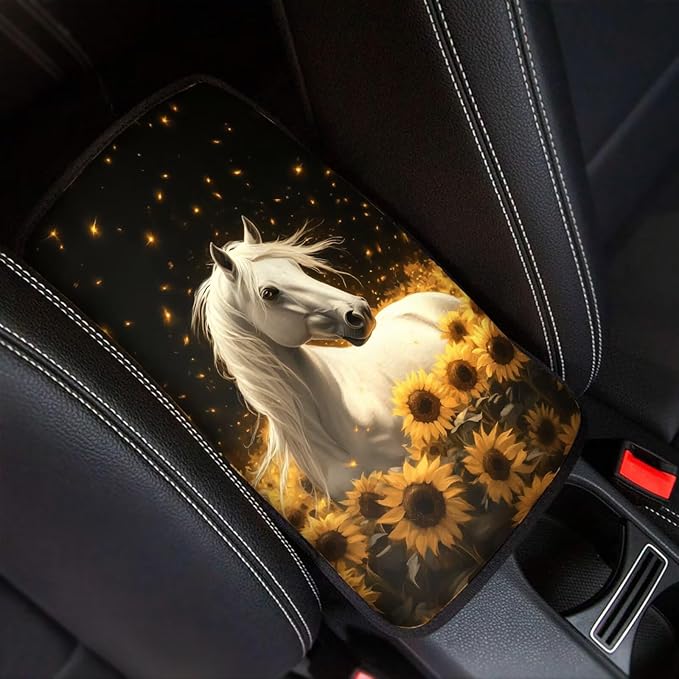 Neoprene Car Center Console Pad Horse Sunflower Print Armrest Cushion Cover Dust-Proof Armrest Seat Box Cover for Most Vehicles Decorative Car Accessories for Women Men