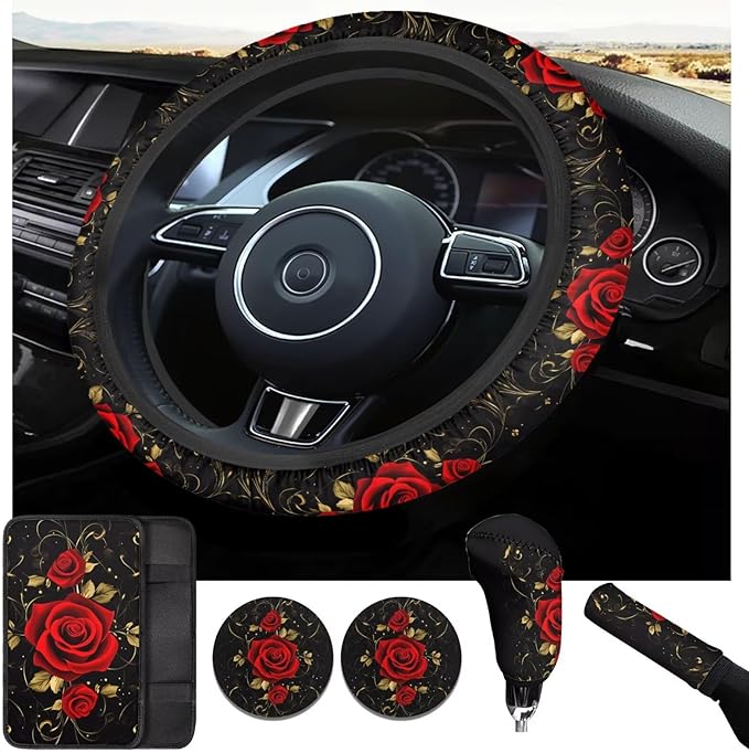 Red Rose 6pcs Car Steering Wheel Cover Set Flower Print Cup Coaster Handbrake Gear Cover Car Interior Accessories Fit Vans Trucks,SUV