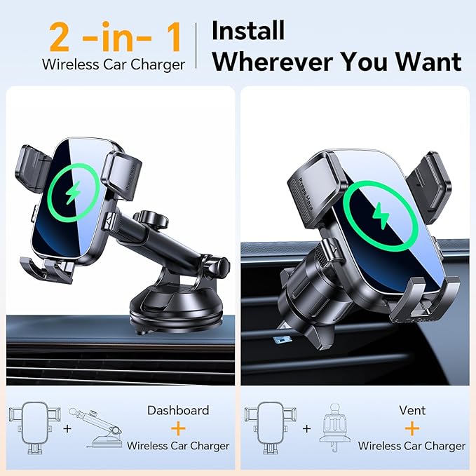 Kaistyle Wireless Car Charger【One Hand Manual Clamping】 Fast Wireless Charger for Car Phone Holder Mount Charger Phone Holders for Your Car Dashboard/Windshield/Vent Truck Mount for iPhone Samsung