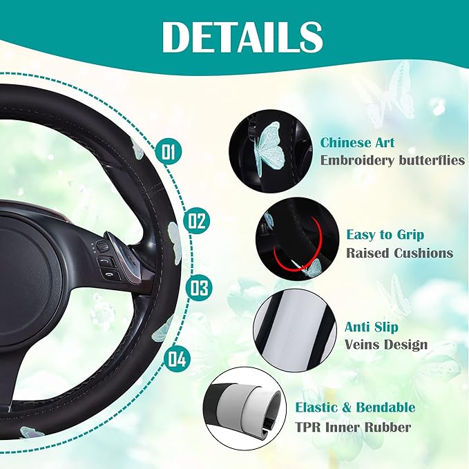 Car Pass Mint Embroidery Butterfly Steering Wheel Cover, Universal 15 Inch Car Wheel Cover for Women Girls, Fit for Suvs,Small Trucks,Sedans,Cars (Black and Mint)