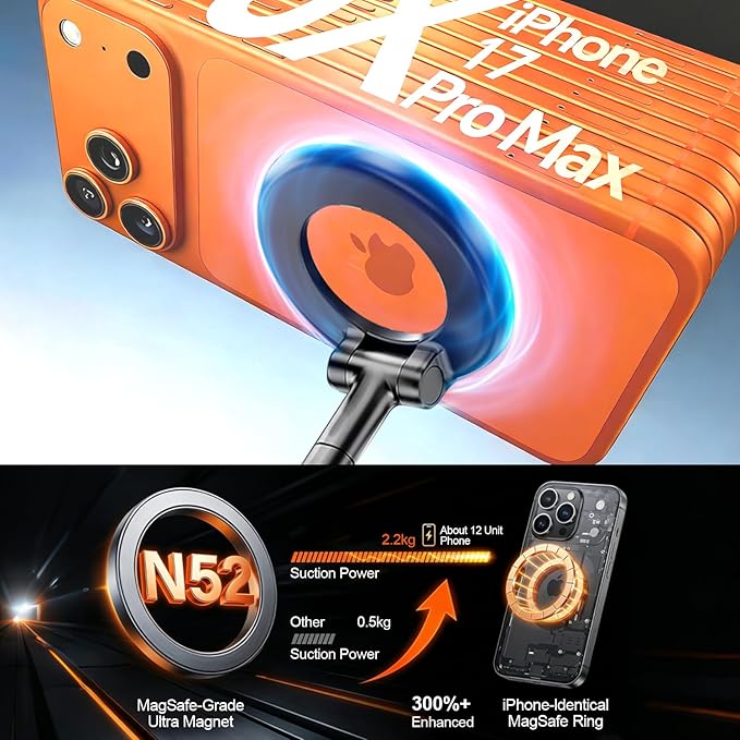 Magnetic Car Phone Holder, 3000gf MagSafe Suction, 360° Adjustable Zinc Alloy Mount for Dashboard/Windshield, Compatible with iPhone 17/16/15 Series (Orange)
